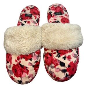 Victoria's Secret Pink Satin Red Roses Plush Faux Fur Slip On Boudoir Slippers M